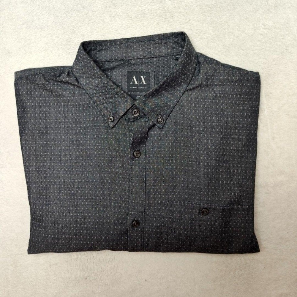 Armani Exchange Shirt Mens 2XL Gray Geometric Button-Up Slim‎ Fit Cotton Dress